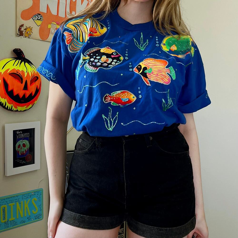 Vintage Handmade Fish T-Shirt Size XL Glitter Puff Paint